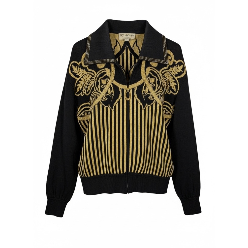 Vintage St John Collection Knit Cardigan Black Gold Metallic Zip Maximalist Mob